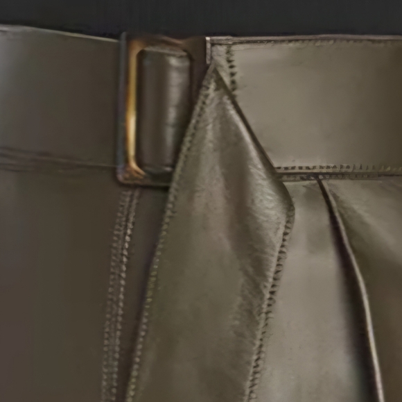 ☘NWOT VINCE Dark Olive Lambskin Leather Midi Skirt with Buckled Belt-Women sz 14 - Picture 3 of 12